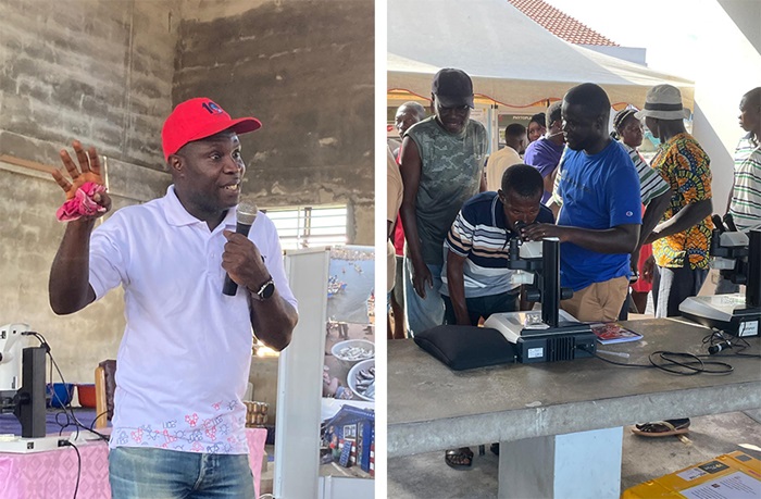 Dr. Noble Asare talking to fisher folks and fish mongers. Albert Koomson showing samples under microscope.