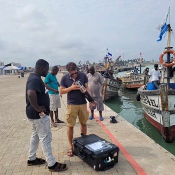 Testing research gear in Elmira habour, Ghana