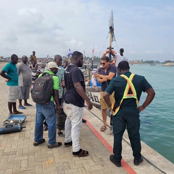 Testing research gear in Elmira habour, Ghana