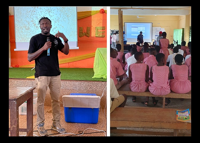 Dr. Delove Asiedu talking about the importance of plankton in the Gulf of Guinea for pupils at schools in Elmina and Anomabo